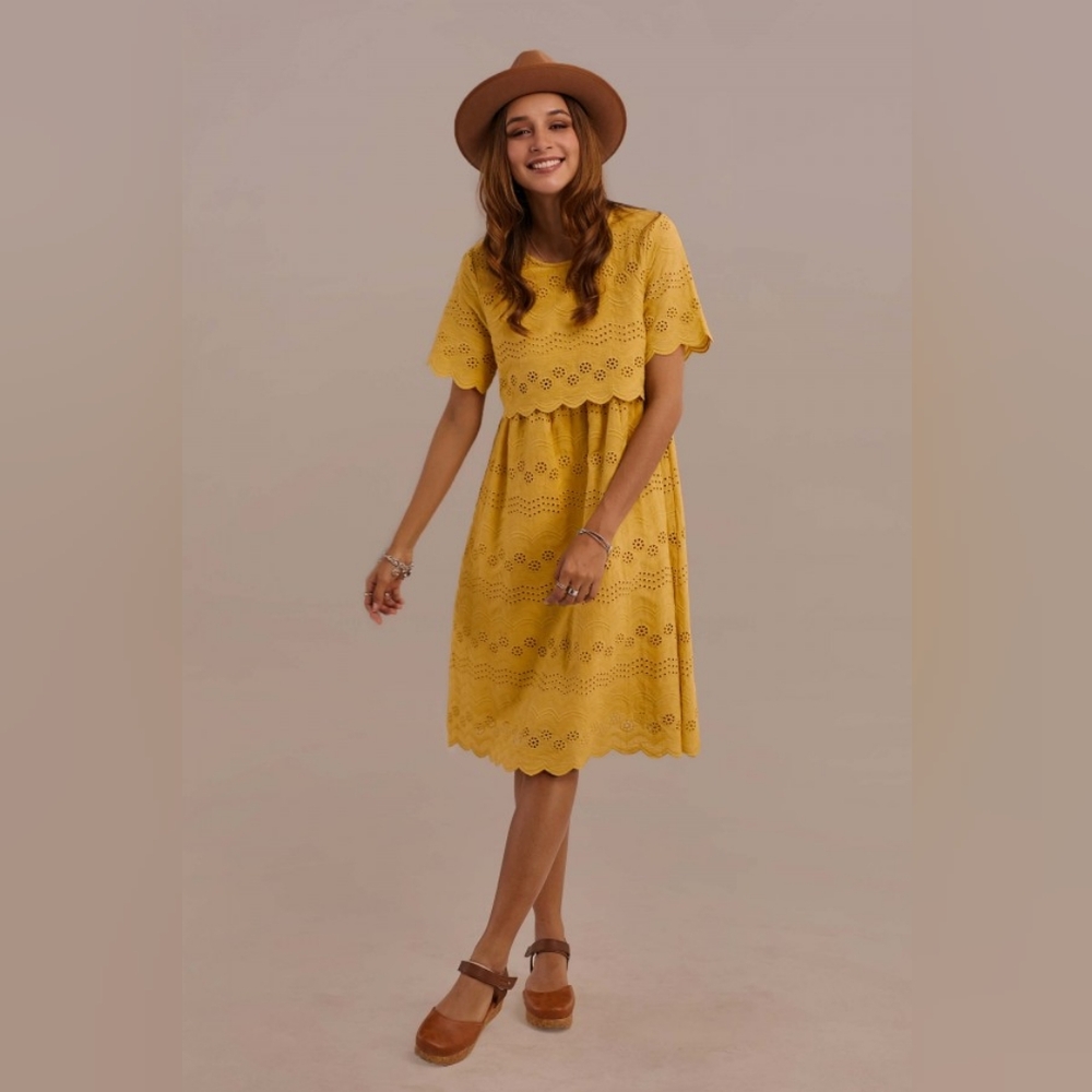 Yellow Eyelet Midi Dress - Women